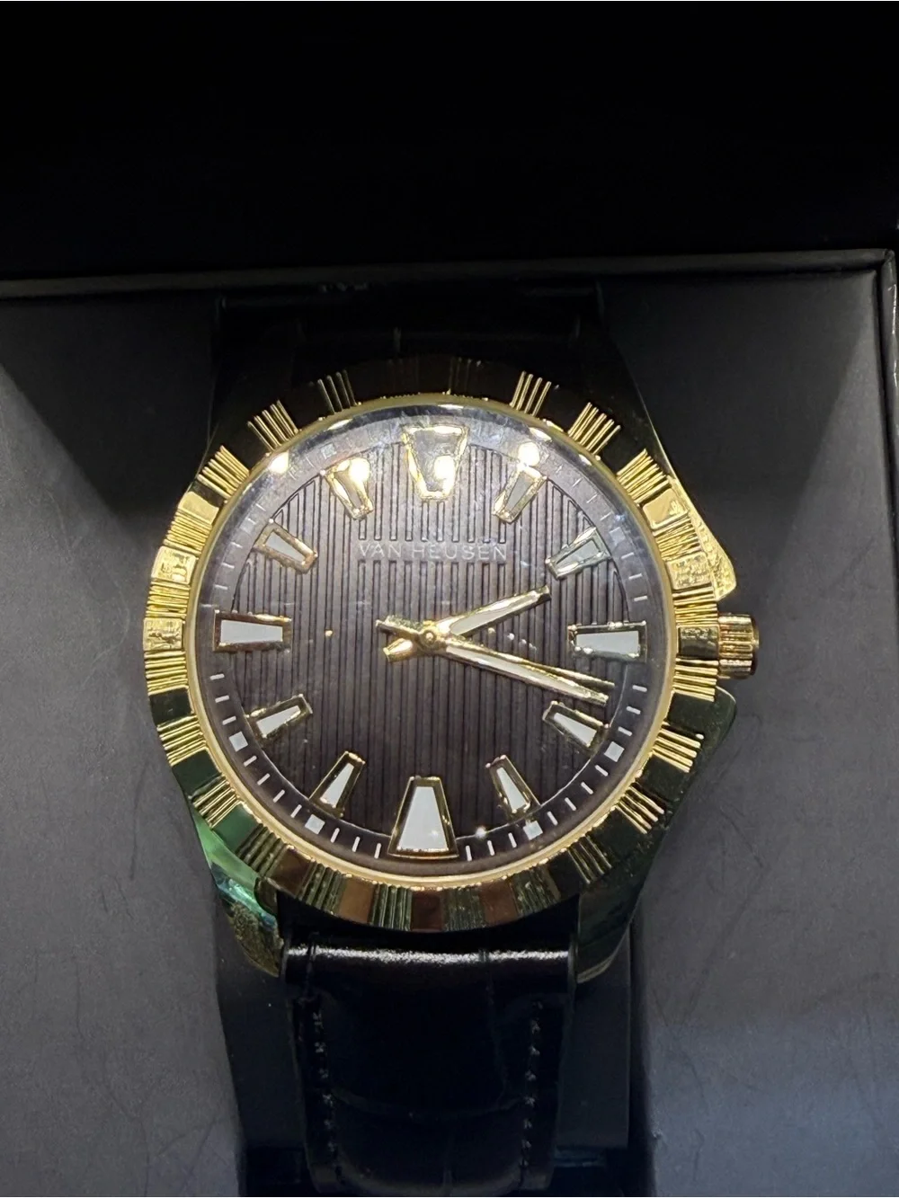 Van Hausen Men's Gold-Tone Black Dial Leather Strap Watch